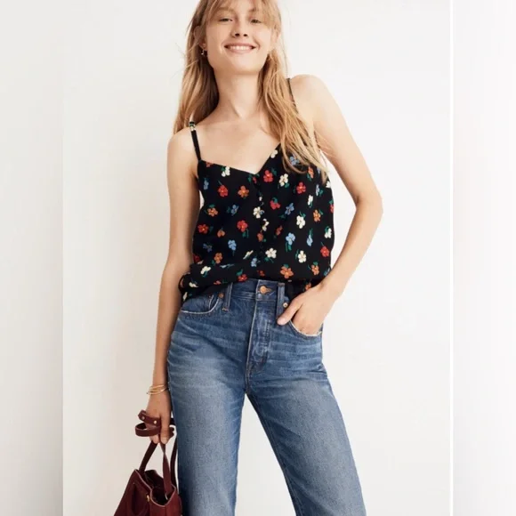 NWOT Madewell Button Down Black Cami In Colorful Pressed Flowers Size 00 - Picture 1 of 5